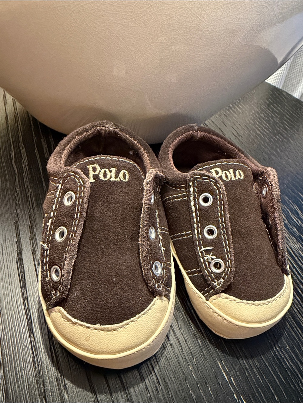 Polo by Ralph Lauren Brown and Cream Suede Slip-On Baby Shoes sz 2